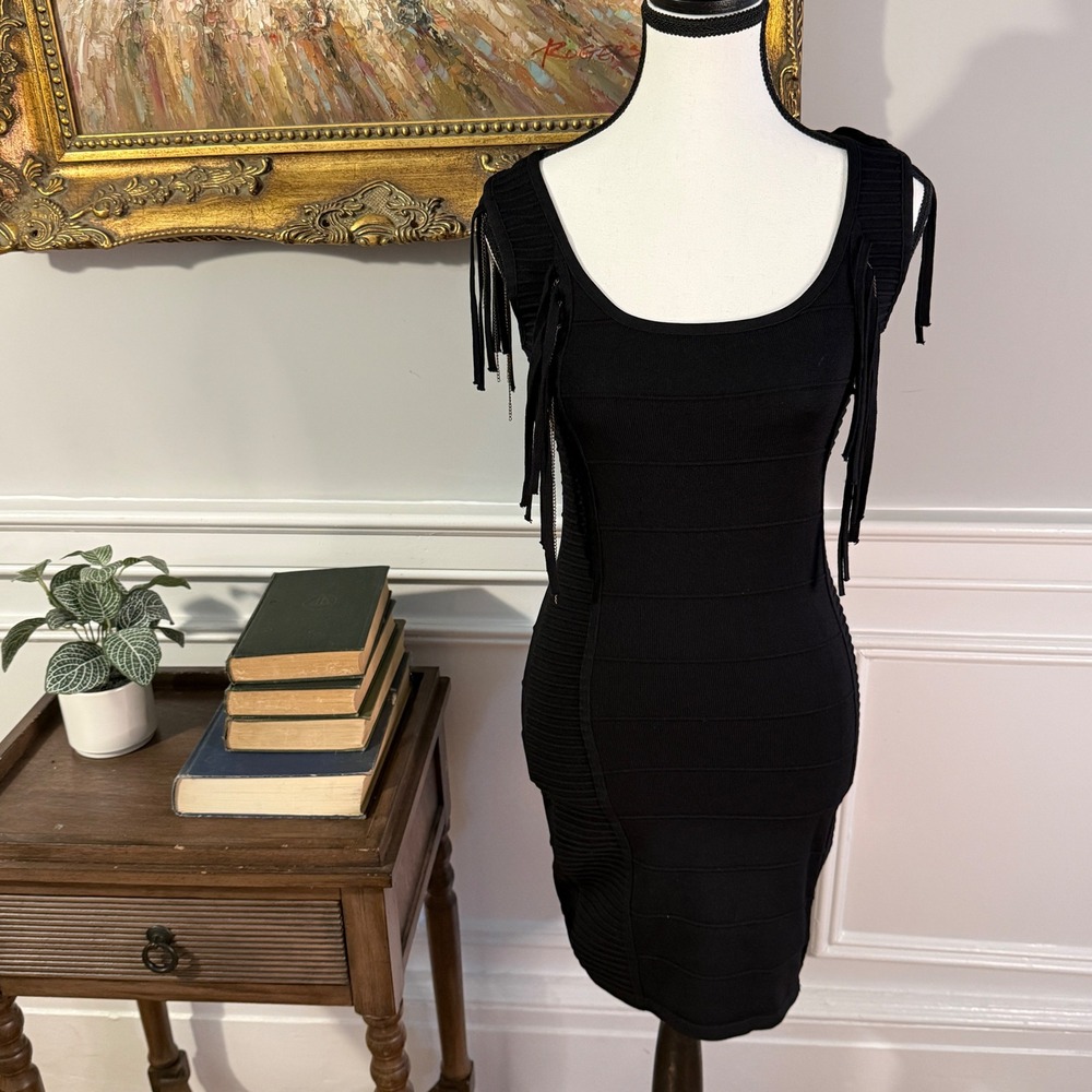 Romeo and Juliet Couture Dress Womens Black Fringe Bandage Keyhole Mini | L